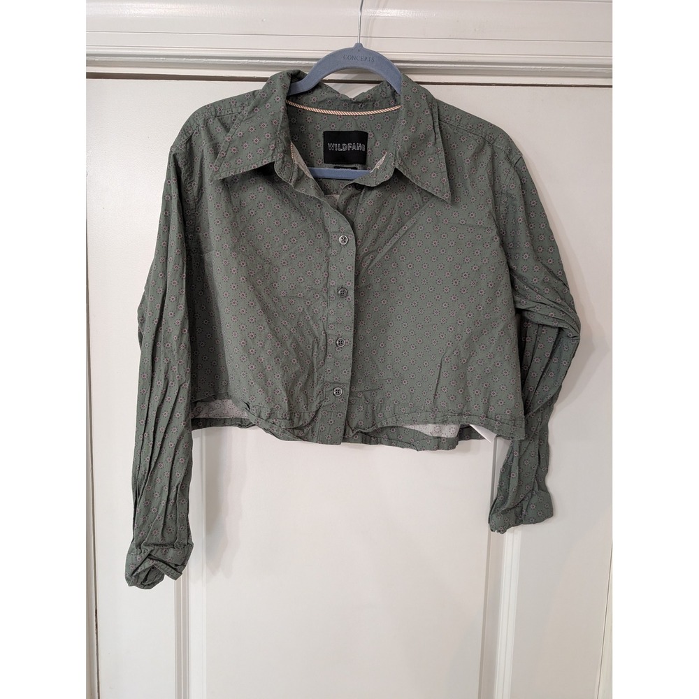 Wildfang Essential Green Medallion Cropped Button Up Shirt Womens Large